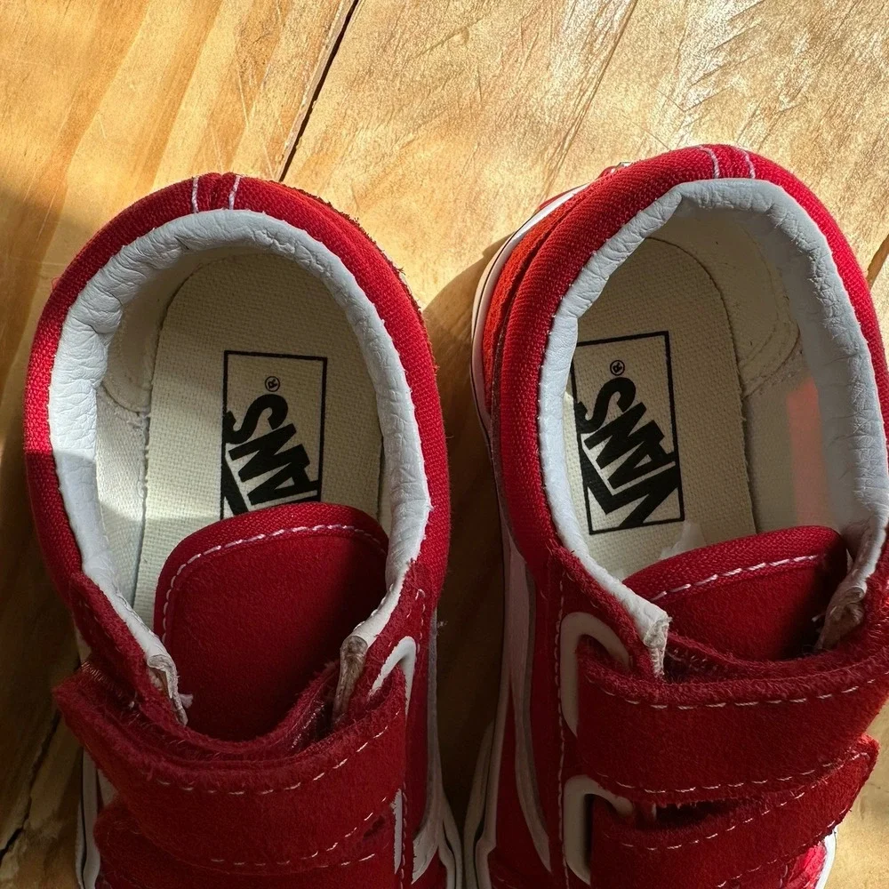 VANS Old Skool Red White Suede Canvas Sneakers Unisex Kids US 10.5 Hook & Loop